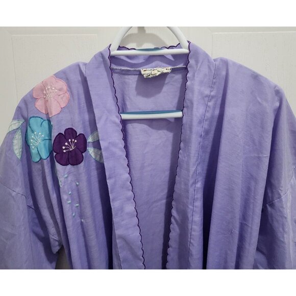 Vintage Lyre Bird Women's Lightweight Short Robe Floral Applique Purple Size M - Picture 2 of 11